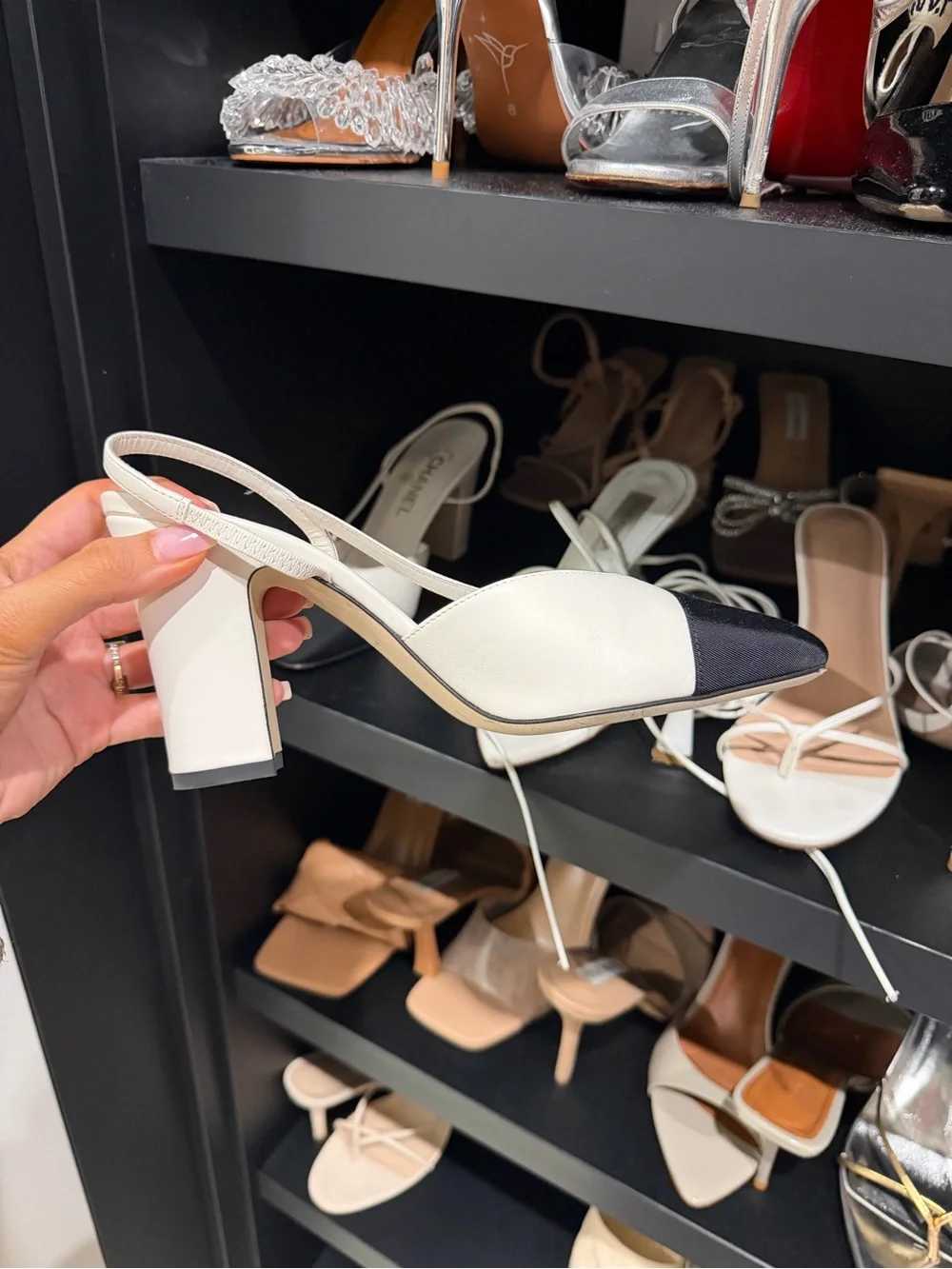 CHANEL White Leather Slingback Pump with Black Cap Toe